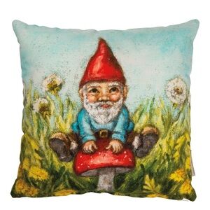 Mushroom Gnome In Dandelion Field Cotton Throw Pillow, Primitives by Kathy, NWT